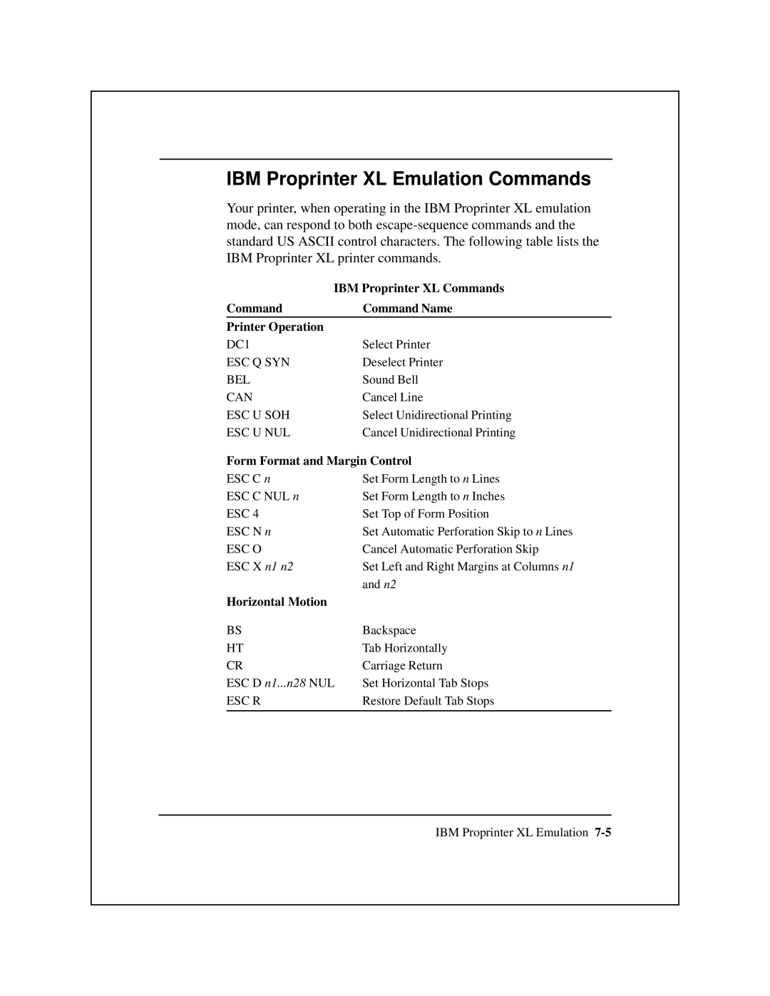 Epson 8900 Series manual IBM Proprinter XL Emulation Commands, IBM Proprinter XL Commands, Form Format and Margin Control 