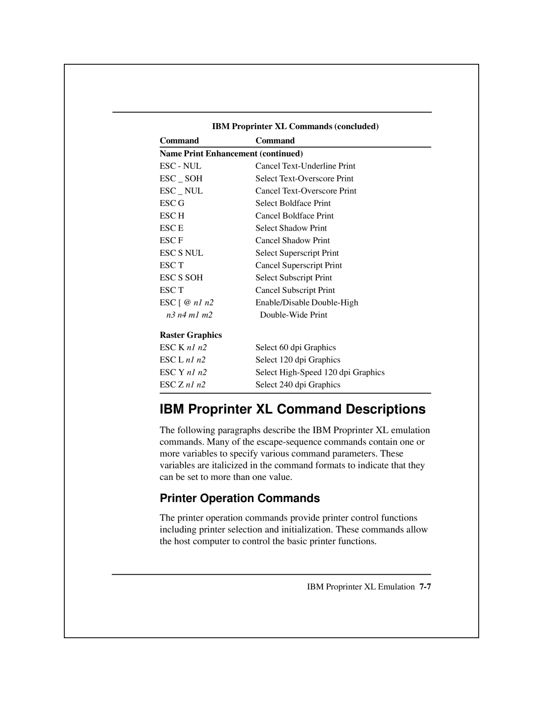 Epson 8900 Series manual IBM Proprinter XL Command Descriptions, IBM Proprinter XL Commands concluded 