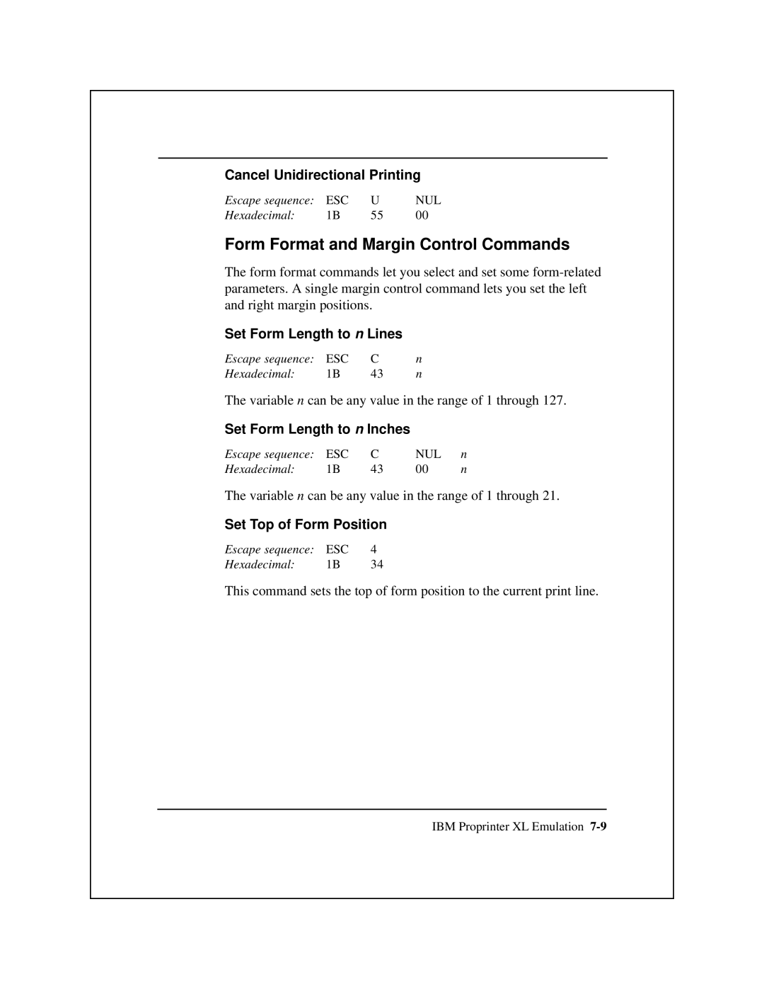 Epson 8900 Series manual Form Format and Margin Control Commands, Set Form Length to n Inches, Set Top of Form Position 