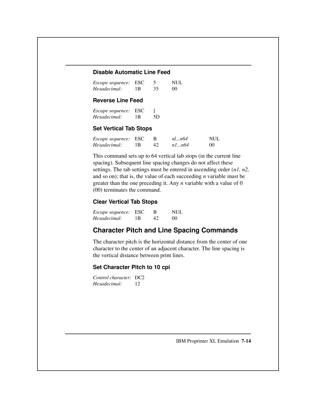 Epson 8900 Series manual Character Pitch and Line Spacing Commands, Disable Automatic Line Feed, Reverse Line Feed 