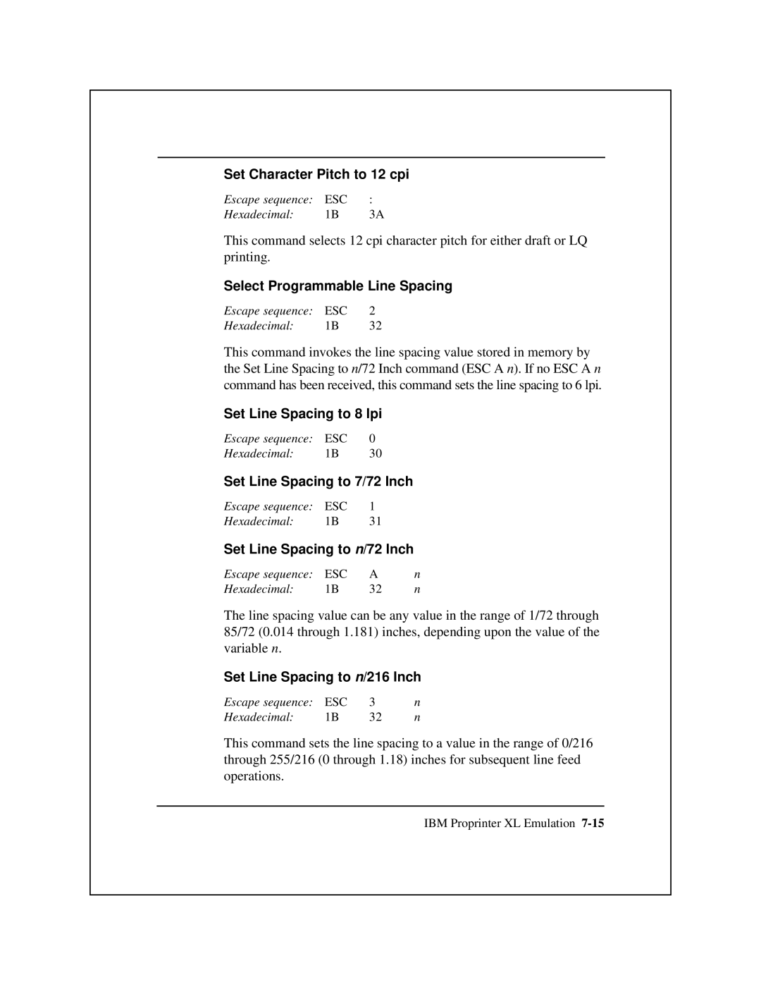 Epson 8900 Series manual Set Character Pitch to 12 cpi, Select Programmable Line Spacing 