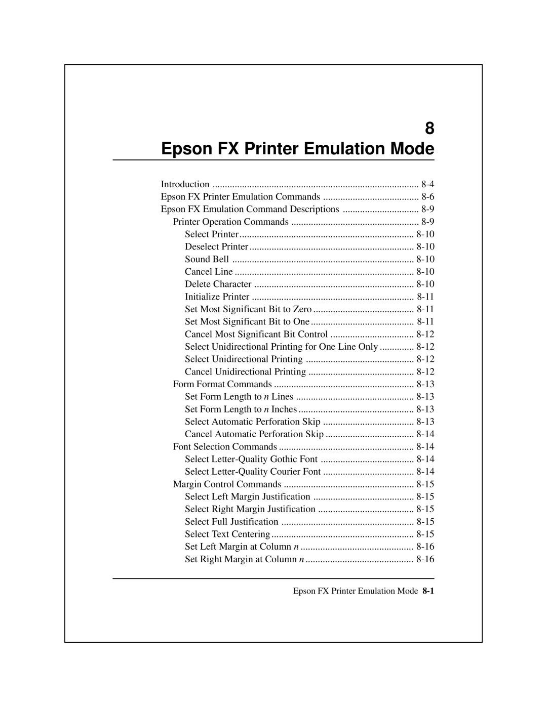 Epson 8900 Series manual Epson FX Printer Emulation Mode 