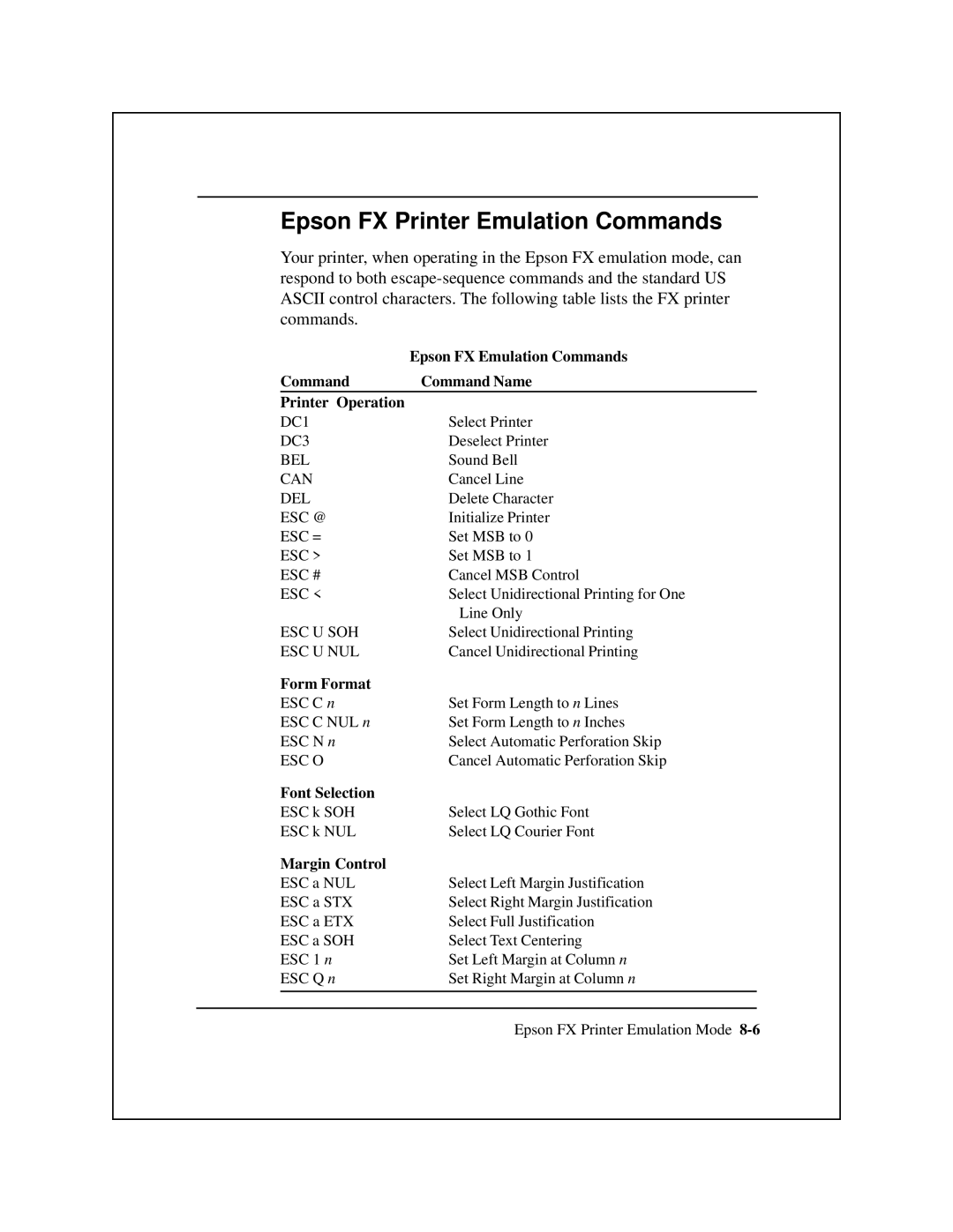 Epson 8900 Series manual Epson FX Printer Emulation Commands, Epson FX Emulation Commands, Form Format 