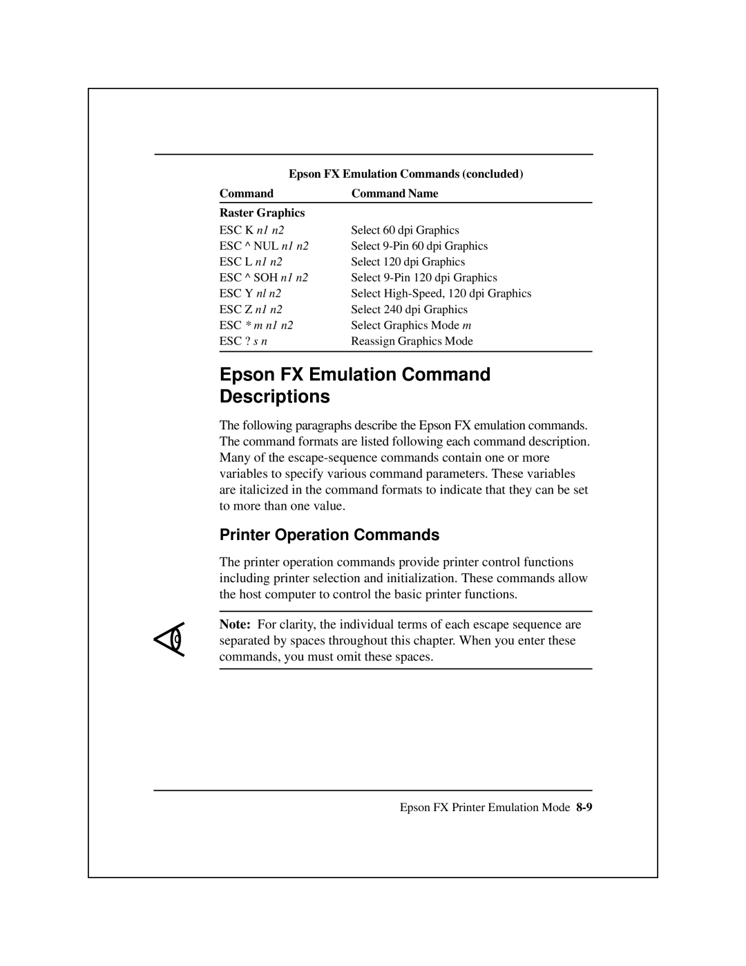 Epson 8900 Series manual Epson FX Emulation Command Descriptions, Printer Operation Commands 