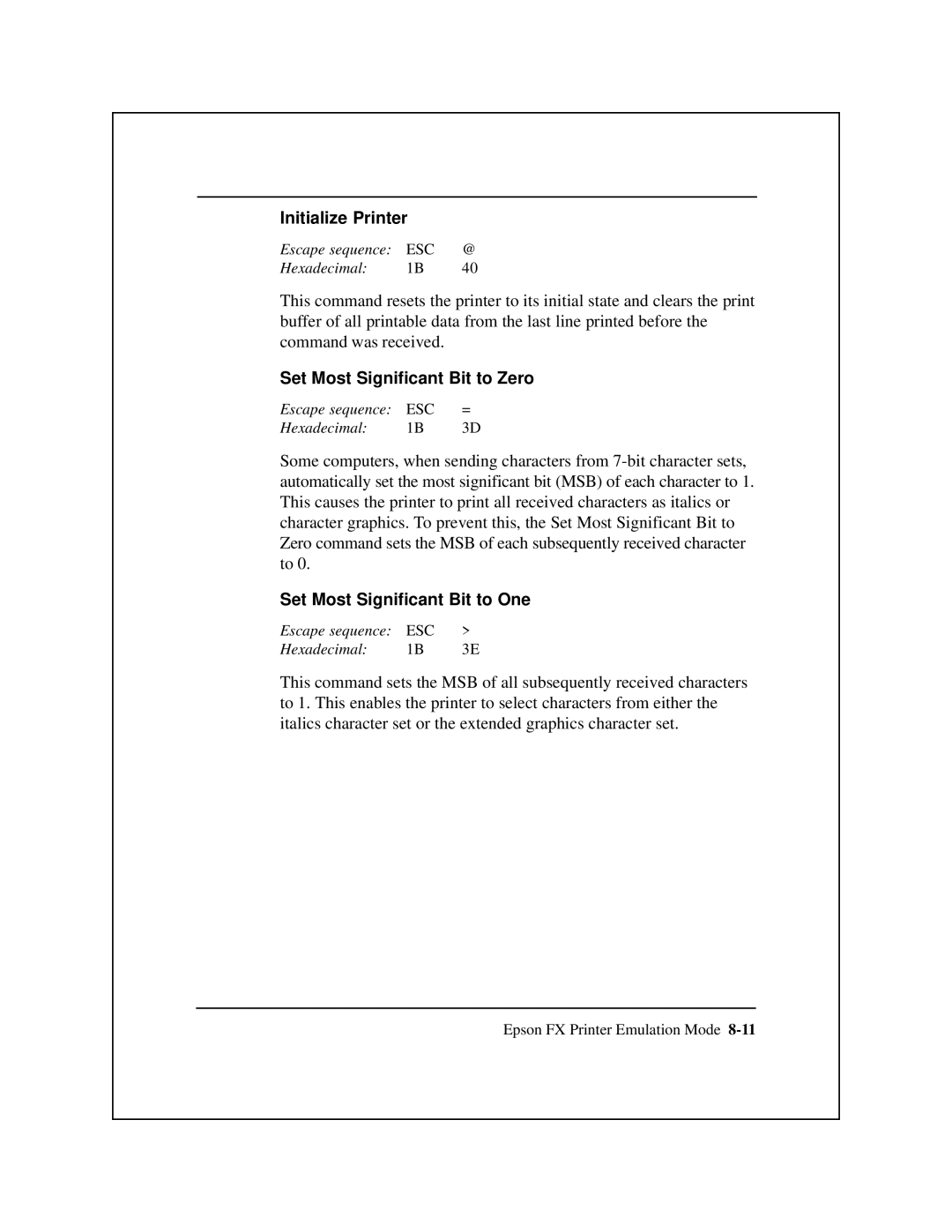 Epson 8900 Series manual Initialize Printer, Set Most Significant Bit to Zero, Set Most Significant Bit to One 