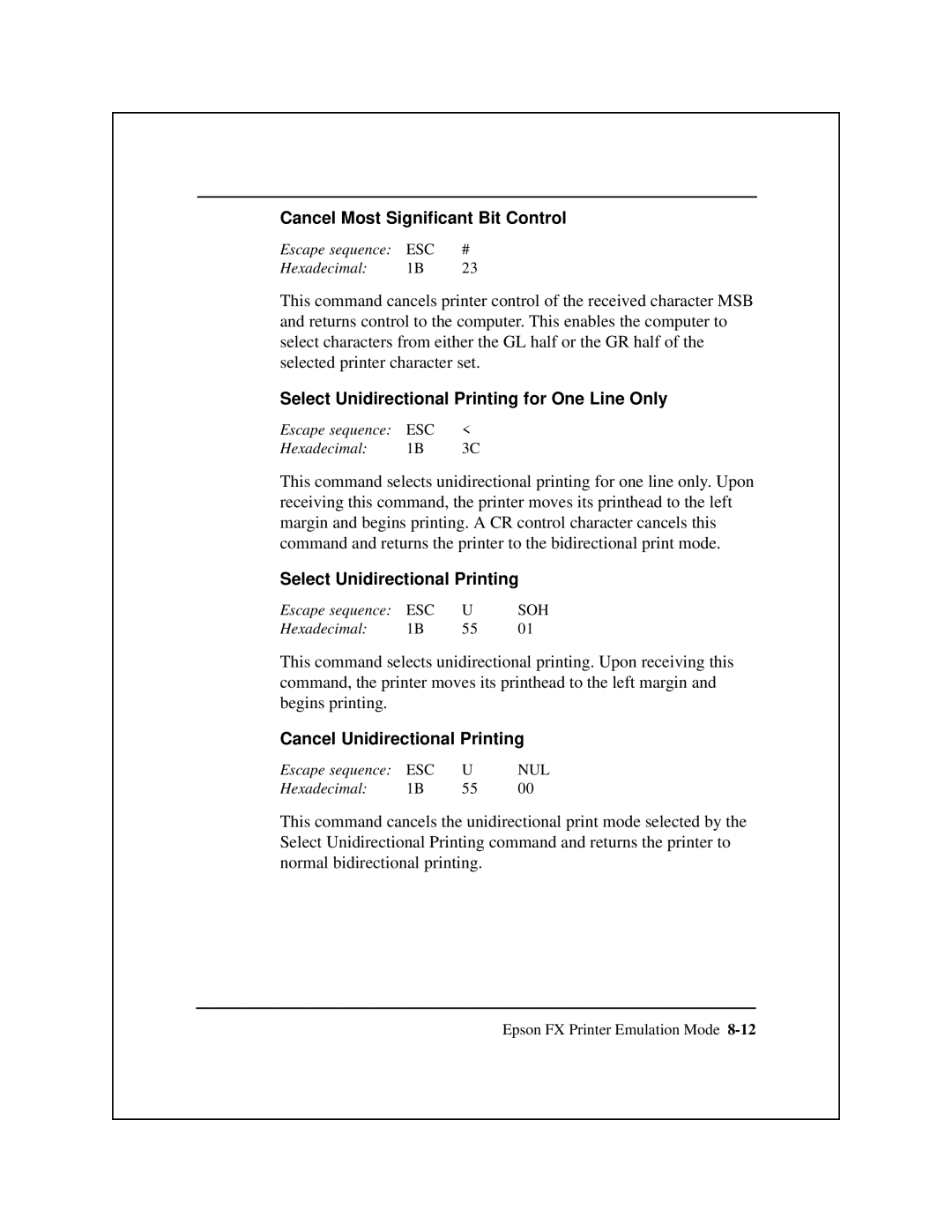 Epson 8900 Series manual Cancel Most Significant Bit Control, Select Unidirectional Printing for One Line Only 