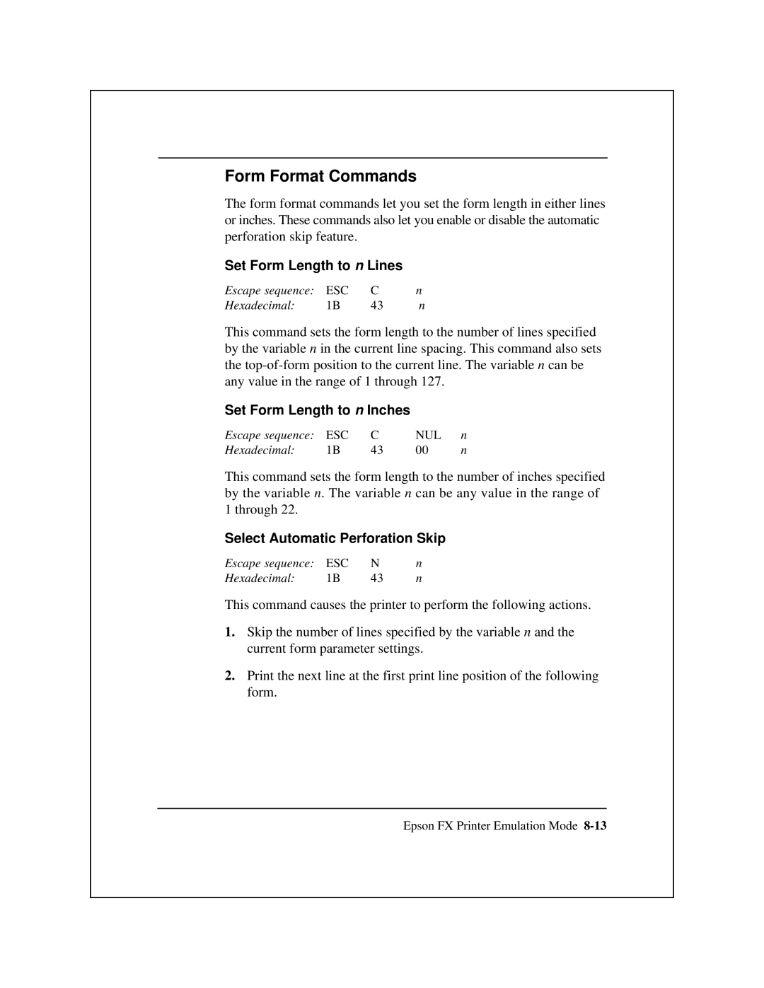 Epson 8900 Series manual Form Format Commands, Set Form Length to n Lines 