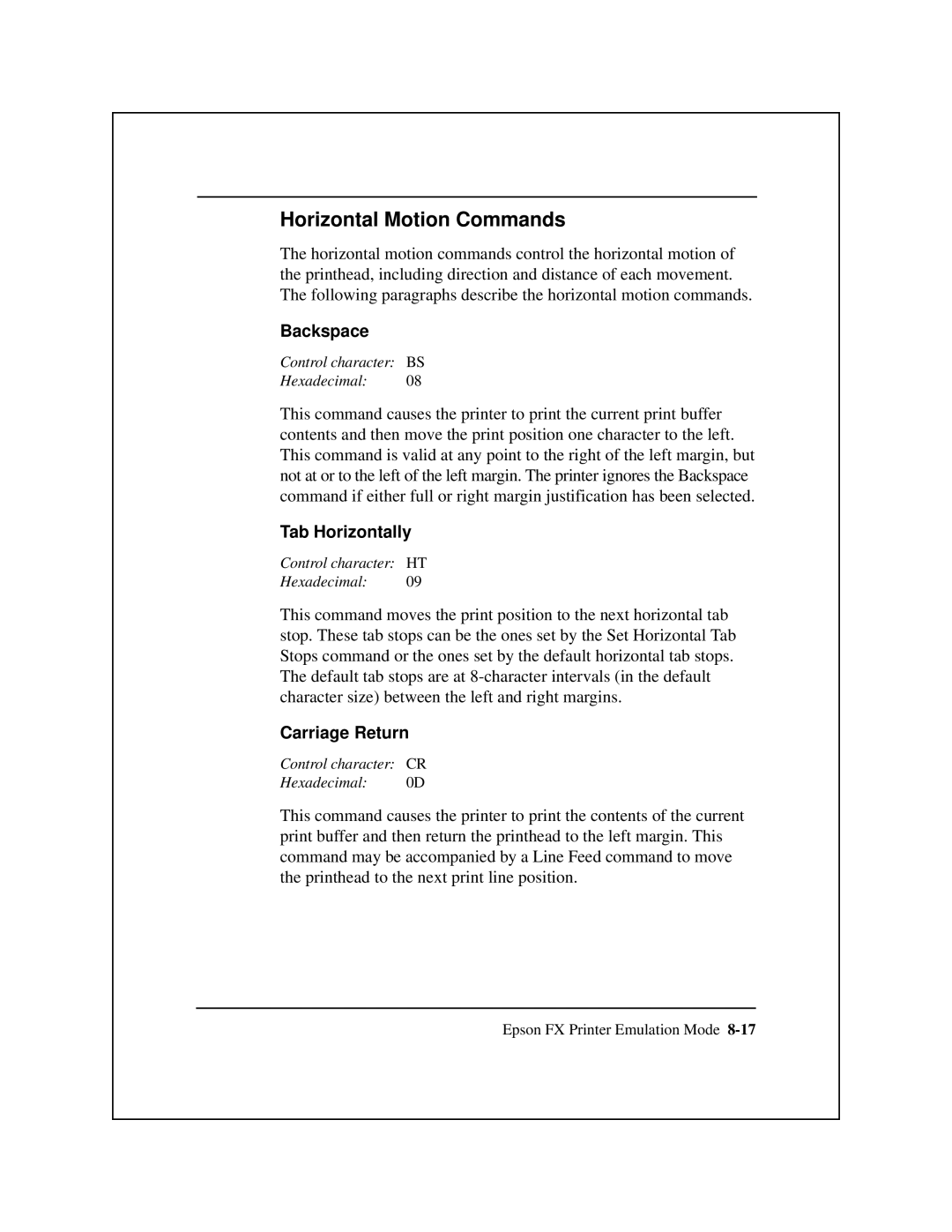 Epson 8900 Series manual Horizontal Motion Commands 