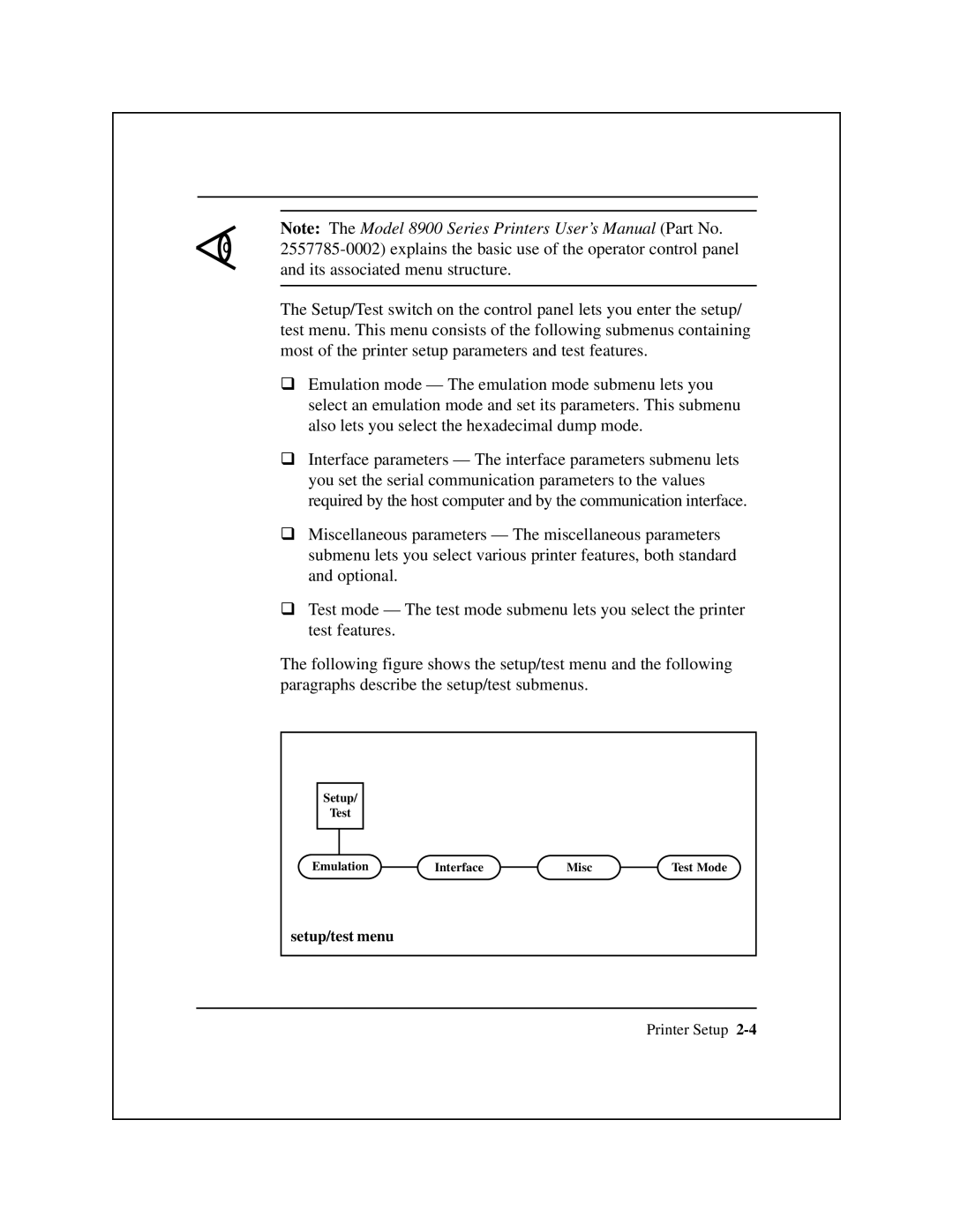 Epson 8900 Series manual Setup/test menu 