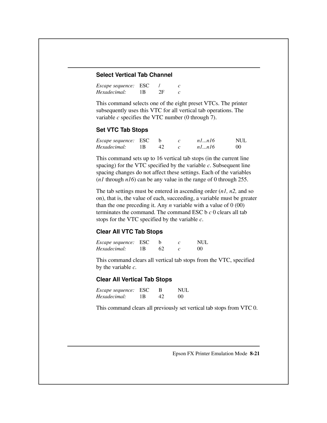 Epson 8900 Series manual Select Vertical Tab Channel, Set VTC Tab Stops, Clear All VTC Tab Stops 