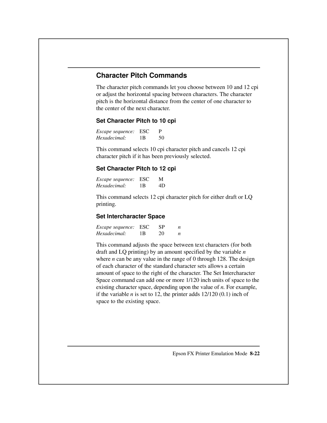 Epson 8900 Series manual Character Pitch Commands, Set Intercharacter Space 