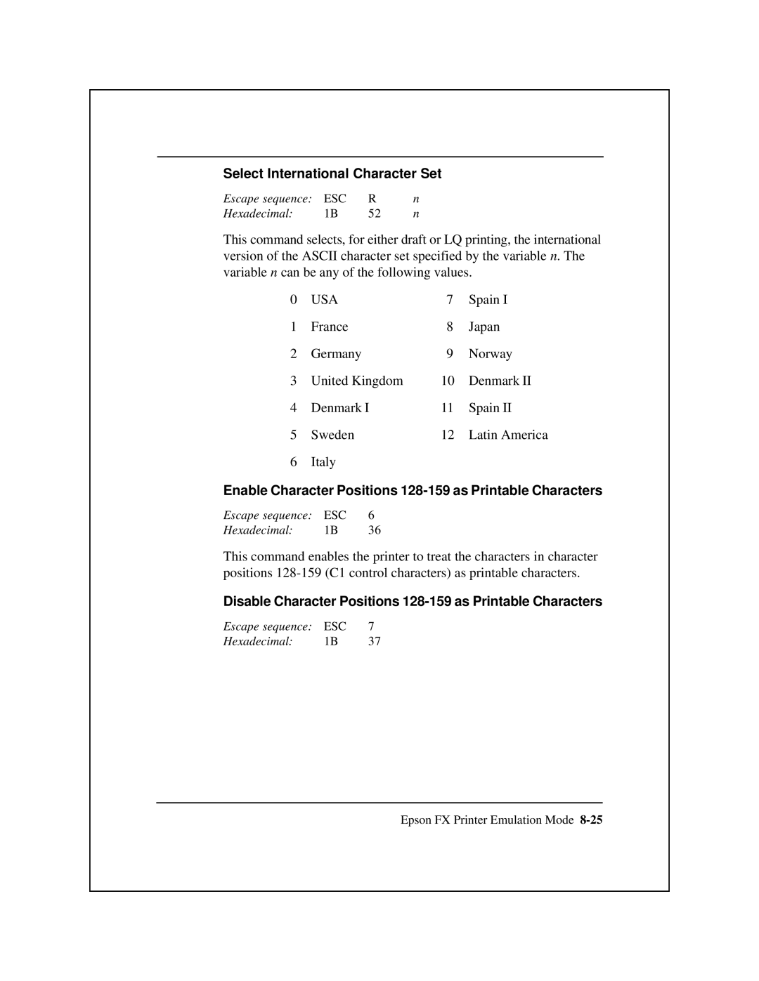 Epson 8900 Series manual Select International Character Set, Enable Character Positions 128-159 as Printable Characters 