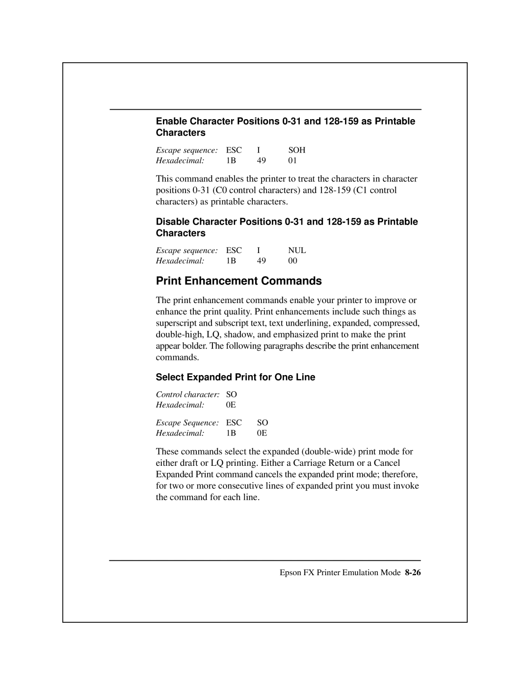 Epson 8900 Series manual Print Enhancement Commands, Select Expanded Print for One Line 