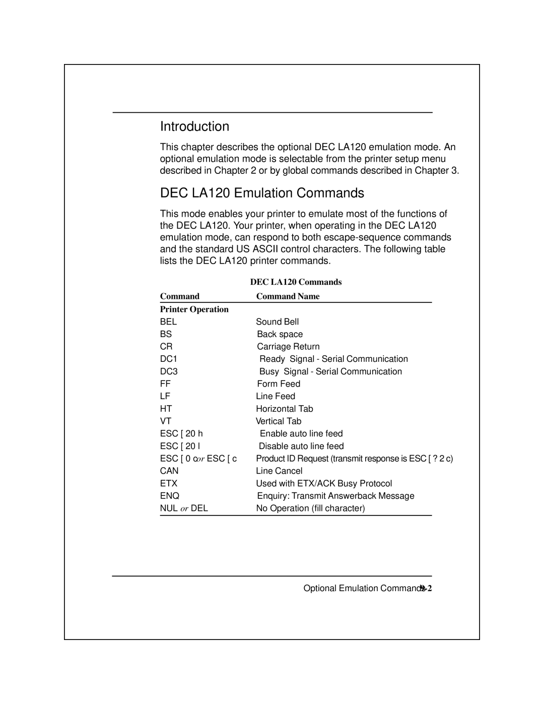 Epson 8900 Series manual DEC LA120 Emulation Commands, DEC LA120 Commands 