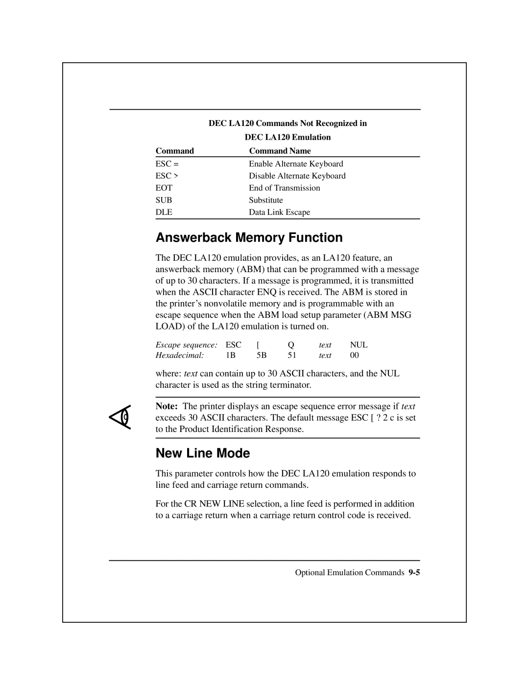 Epson 8900 Series manual Answerback Memory Function, New Line Mode, DEC LA120 Commands Not Recognized, DEC LA120 Emulation 