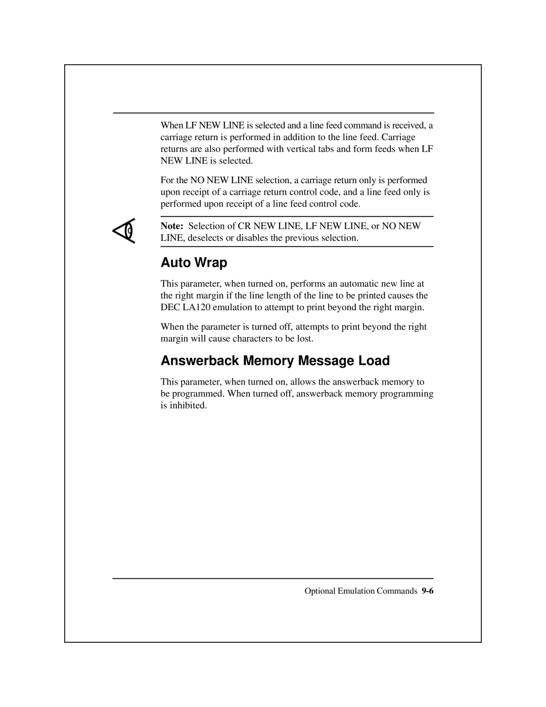 Epson 8900 Series manual Auto Wrap, Answerback Memory Message Load 