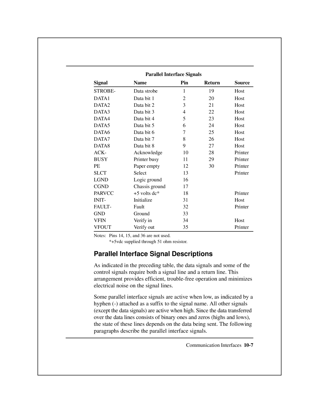 Epson 8900 Series manual Parallel Interface Signal Descriptions, Parallel Interface Signals Name Pin Return Source 