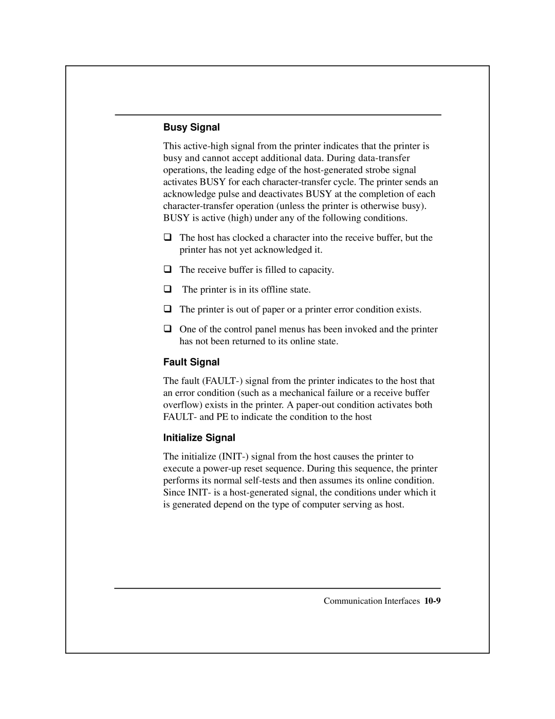 Epson 8900 Series manual Busy Signal, Fault Signal, Initialize Signal 