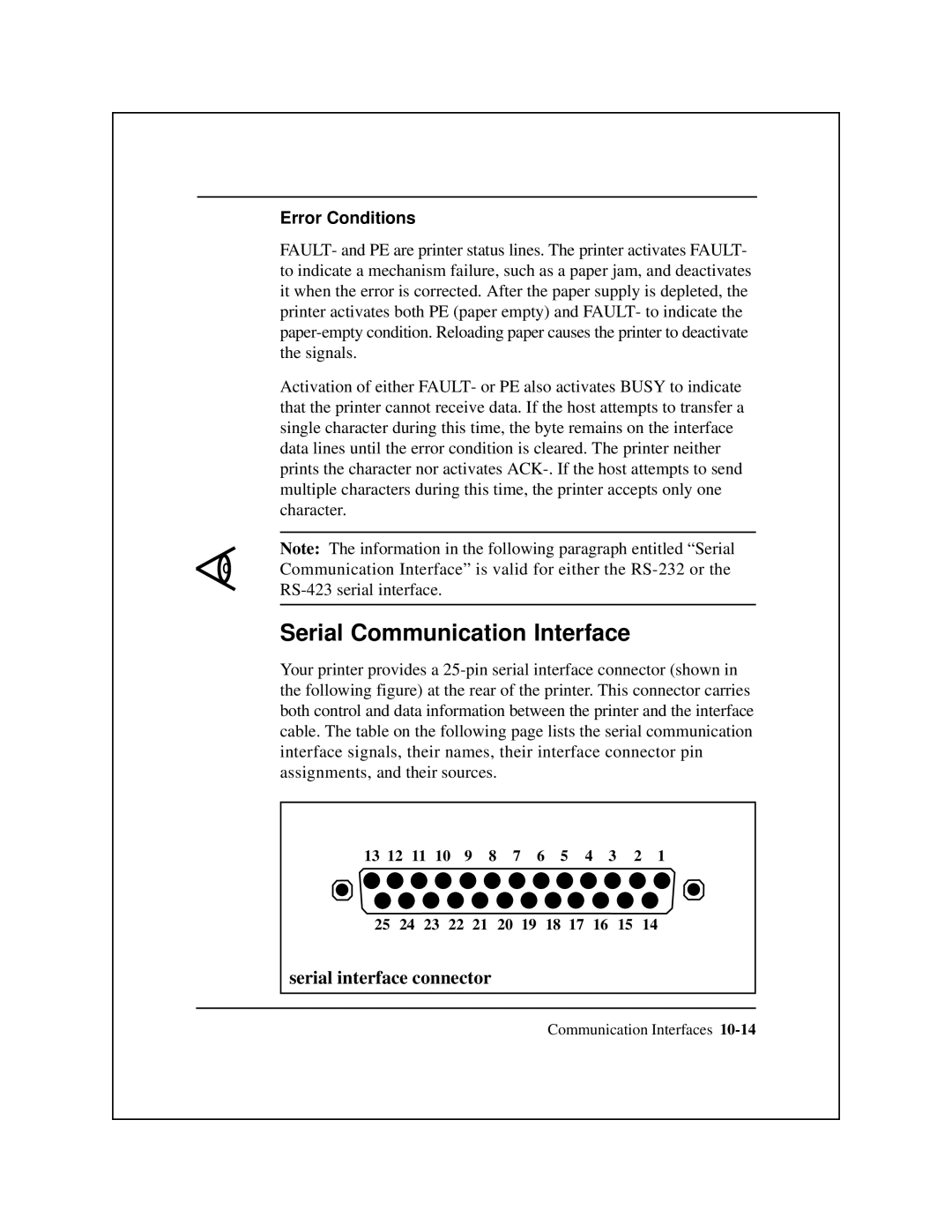 Epson 8900 Series manual Serial Communication Interface, Error Conditions, Communication Interfaces 