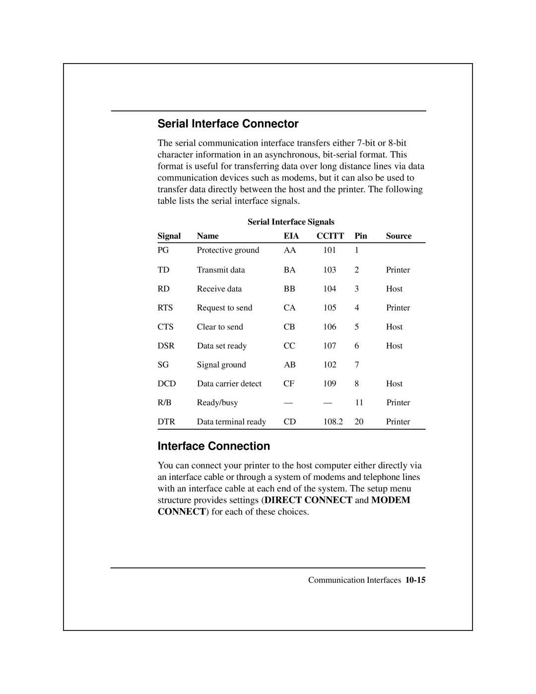 Epson 8900 Series manual Serial Interface Connector, Interface Connection, Serial Interface Signals Name, Pin Source 