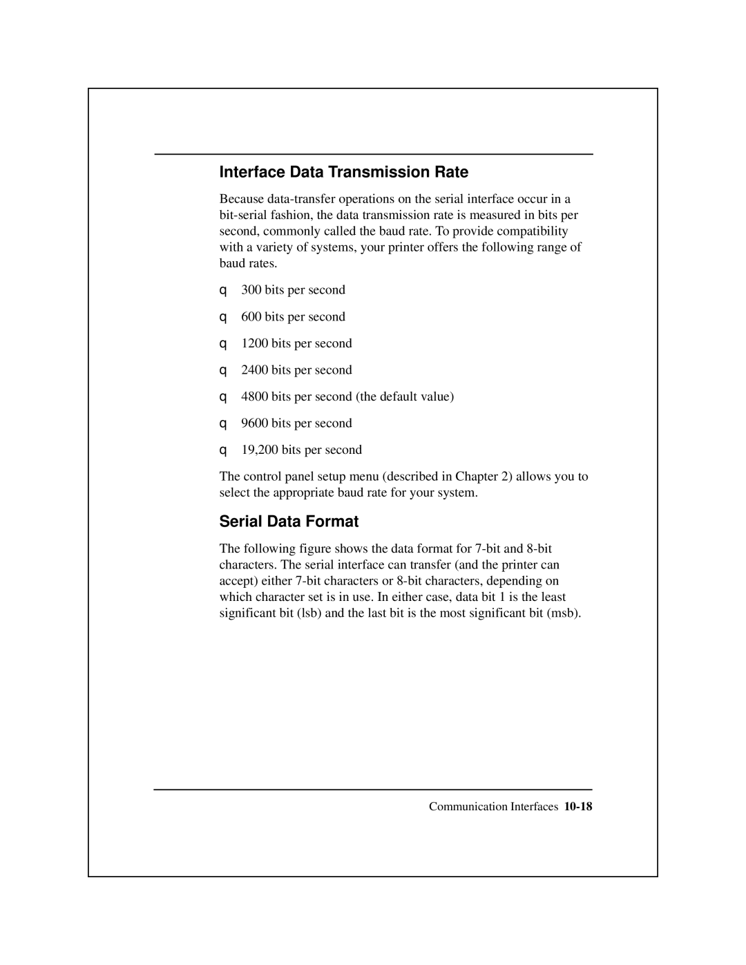 Epson 8900 Series manual Interface Data Transmission Rate, Serial Data Format 