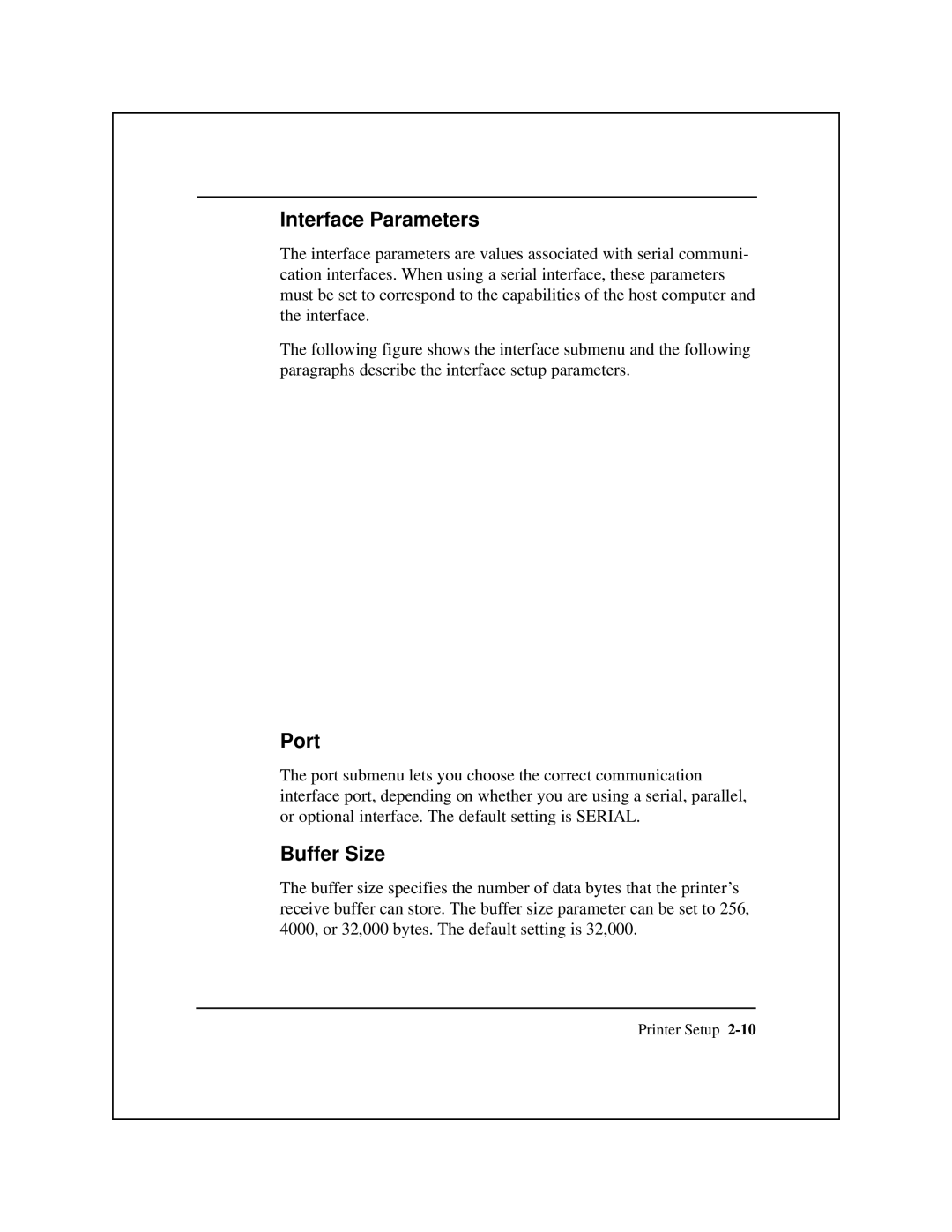 Epson 8900 Series manual Interface Parameters, Port, Buffer Size 