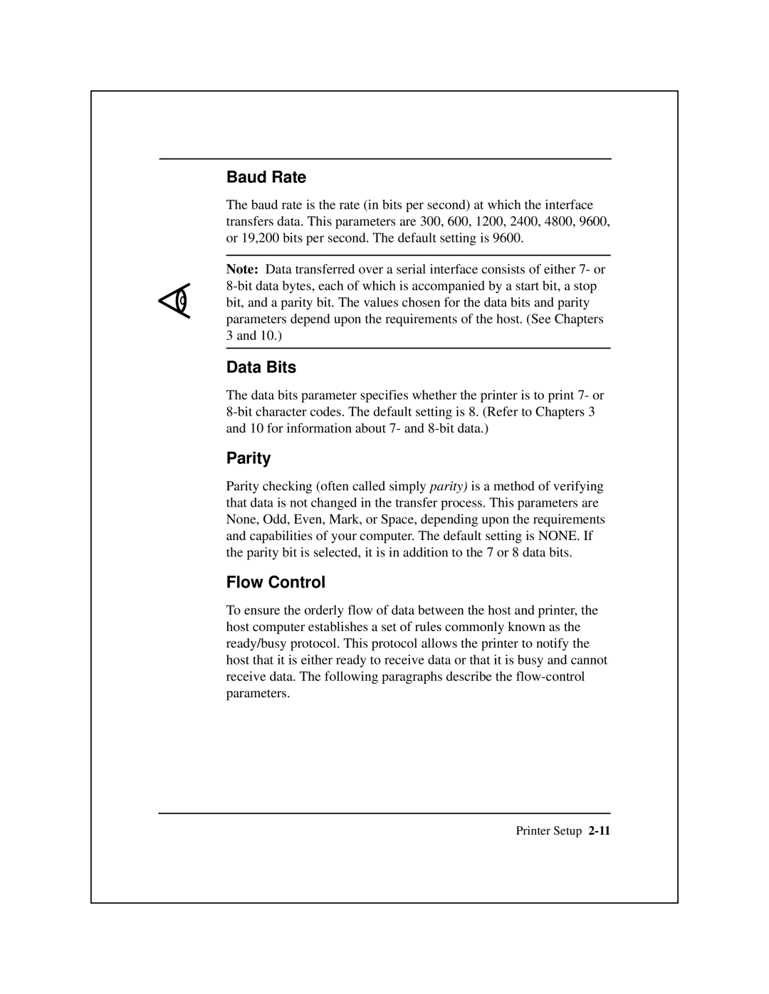 Epson 8900 Series manual Baud Rate, Data Bits, Parity, Flow Control 