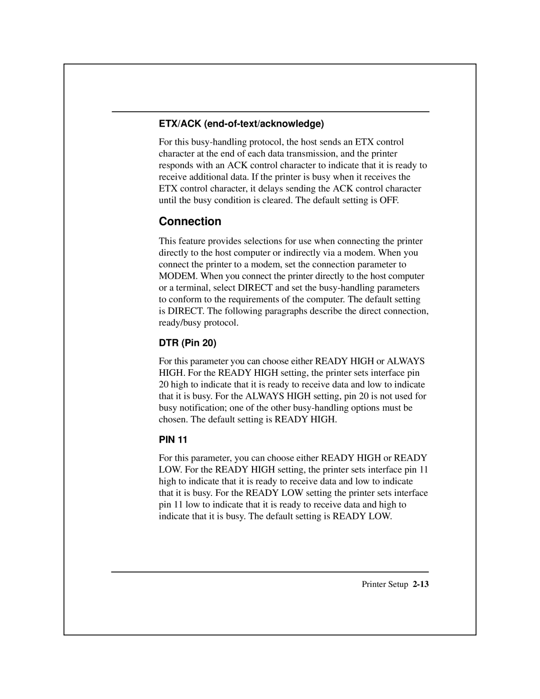 Epson 8900 Series manual Connection, ETX/ACK end-of-text/acknowledge, DTR Pin 