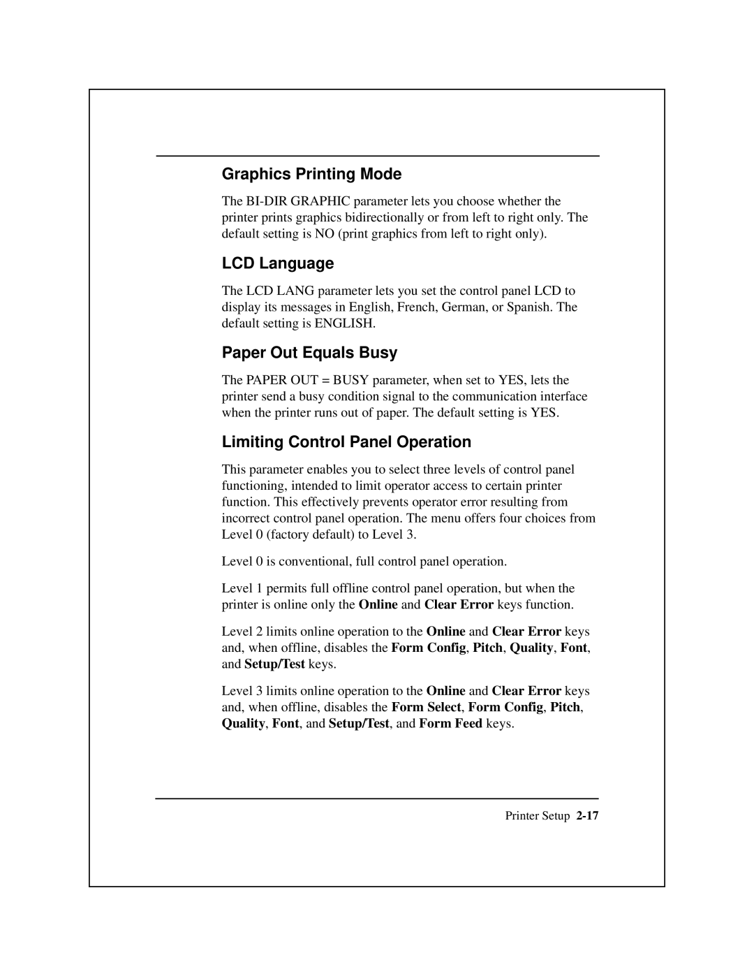 Epson 8900 Series manual Graphics Printing Mode, LCD Language, Paper Out Equals Busy, Limiting Control Panel Operation 