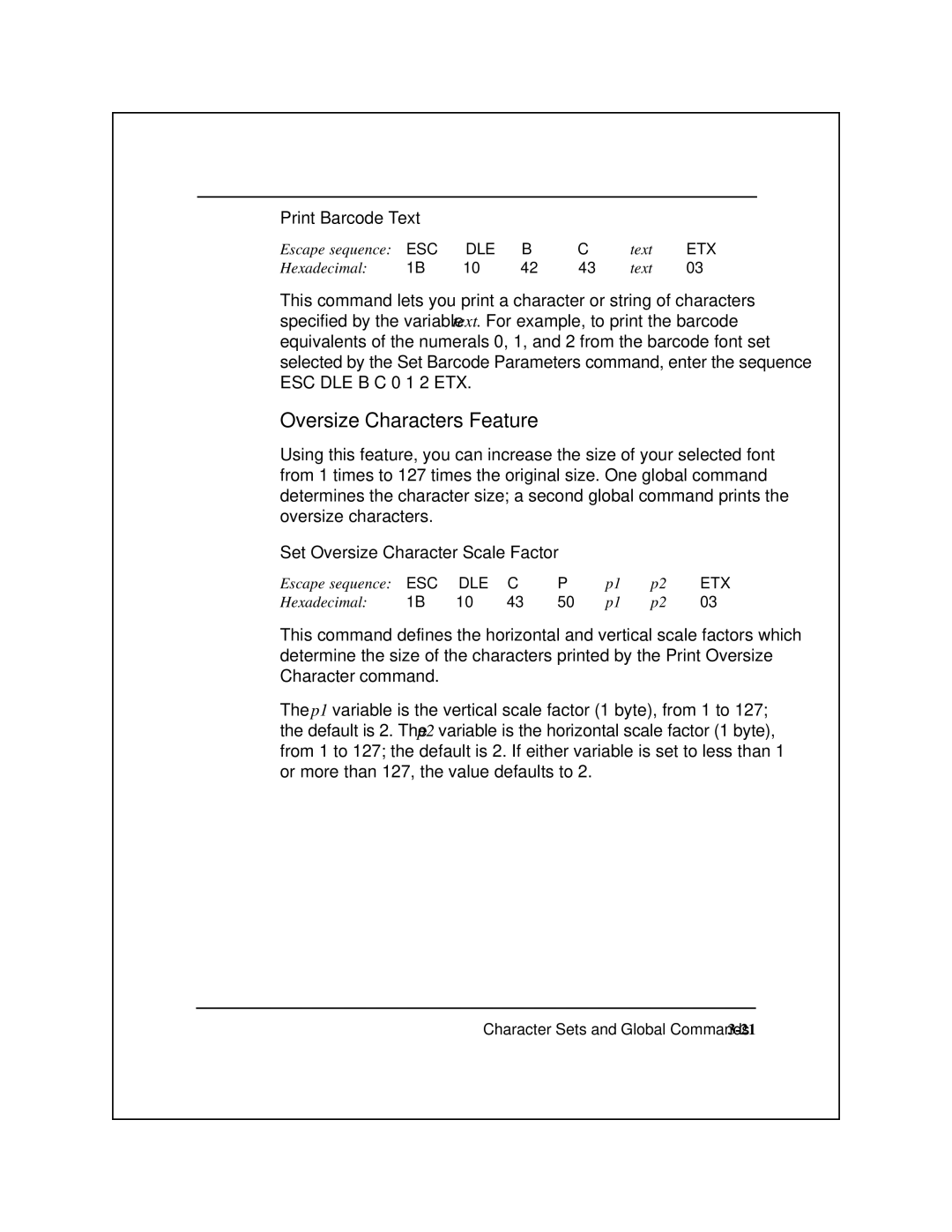 Epson 8900 Series manual Oversize Characters Feature, Print Barcode Text, Set Oversize Character Scale Factor 