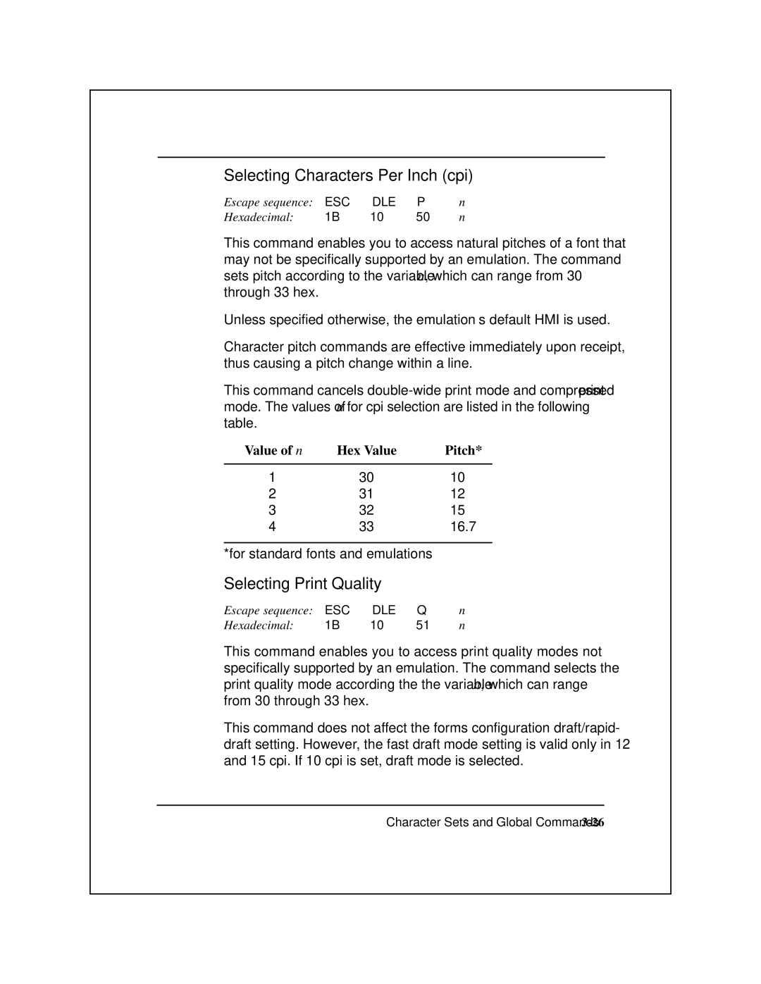 Epson 8900 Series manual Selecting Characters Per Inch cpi, Selecting Print Quality, Hex Value Pitch, Value of n 