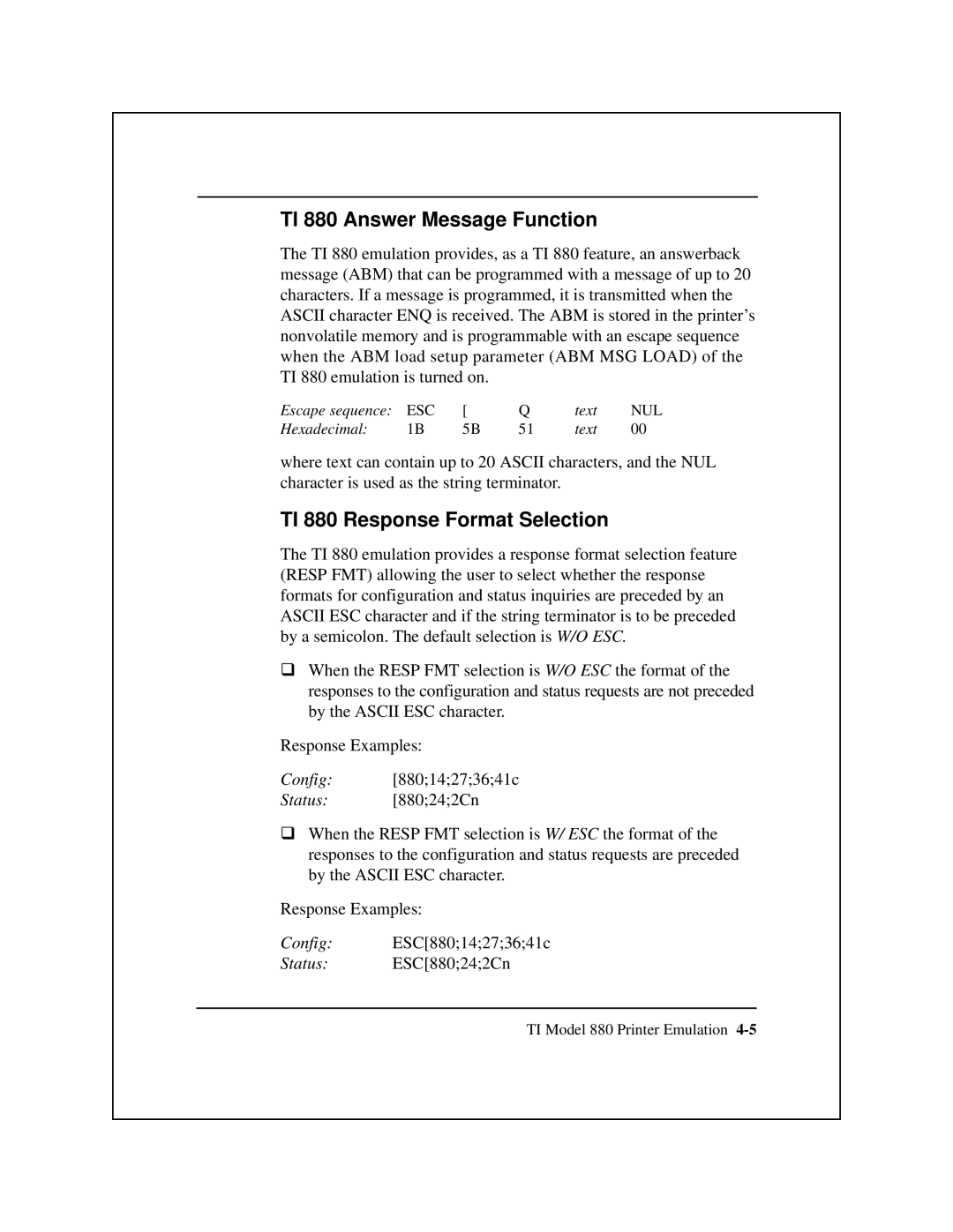 Epson 8900 Series manual Tl 880 Answer Message Function, TI 880 Response Format Selection 