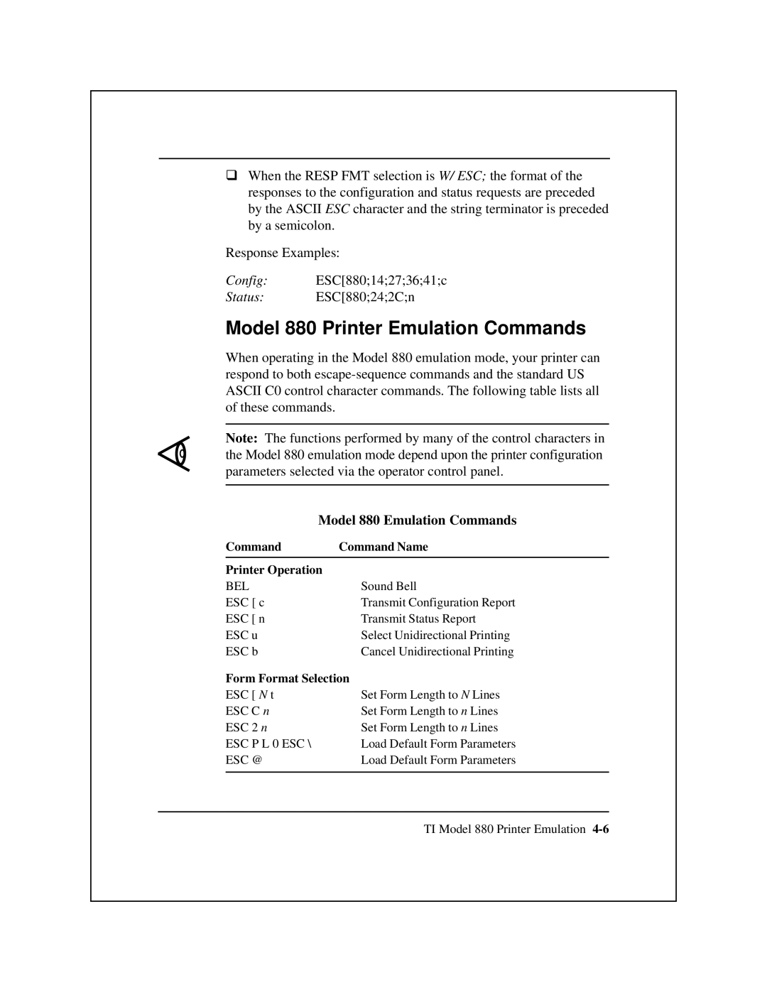 Epson 8900 Series manual Model 880 Printer Emulation Commands, Model 880 Emulation Commands, Form Format Selection 