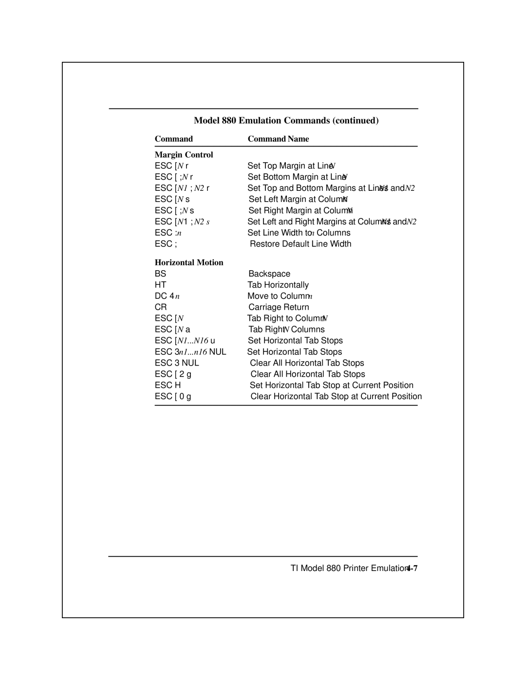 Epson 8900 Series manual Command Command Name Margin Control, Horizontal Motion 