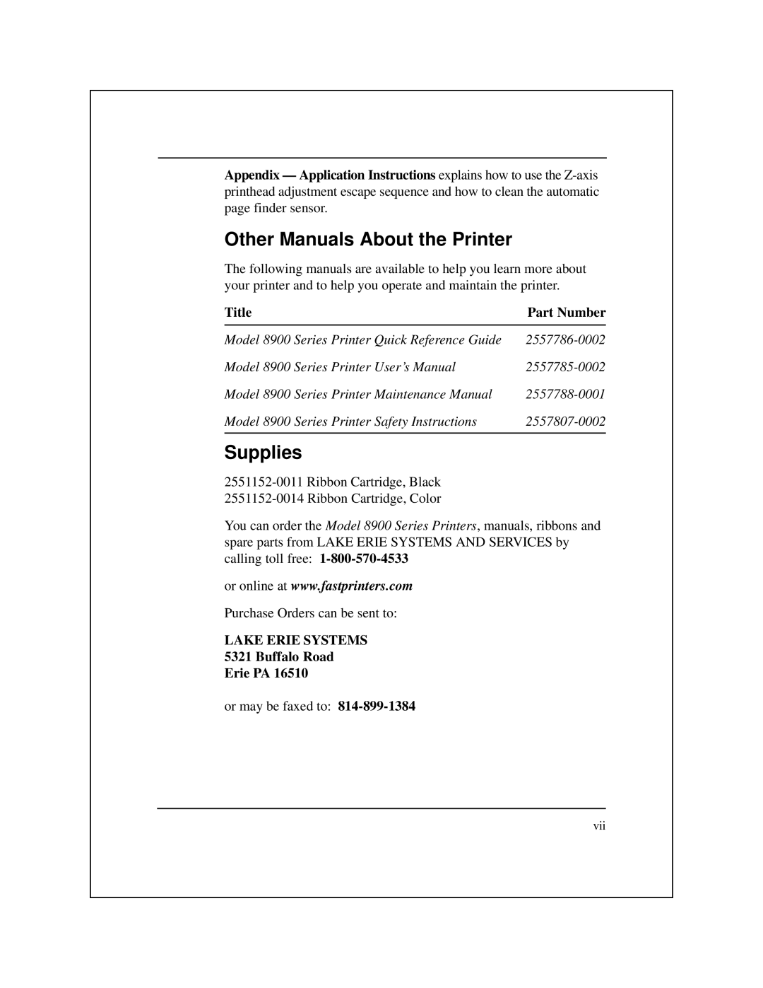 Epson 8900 Series manual Other Manuals About the Printer, Supplies, Buffalo Road Erie PA 