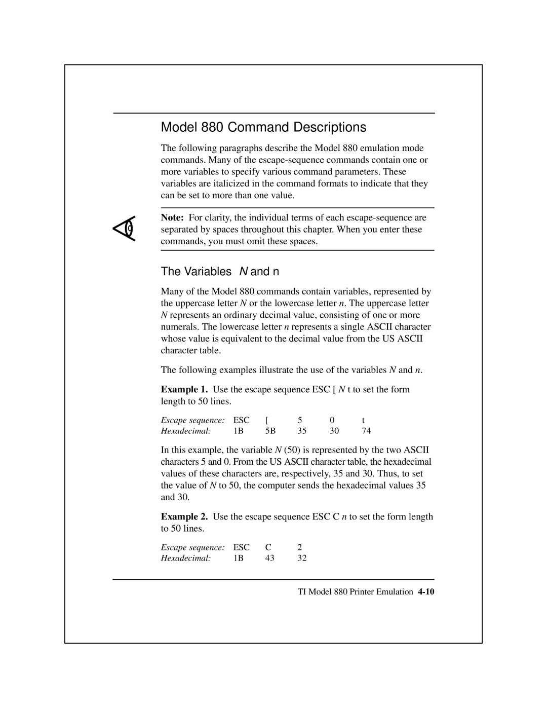 Epson 8900 Series manual Model 880 Command Descriptions, Variables N and n 