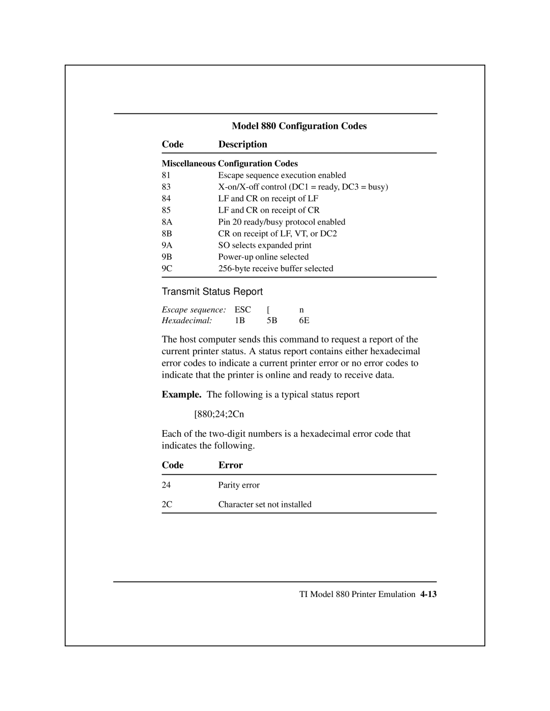 Epson 8900 Series manual Transmit Status Report, Code Error, Miscellaneous Configuration Codes 