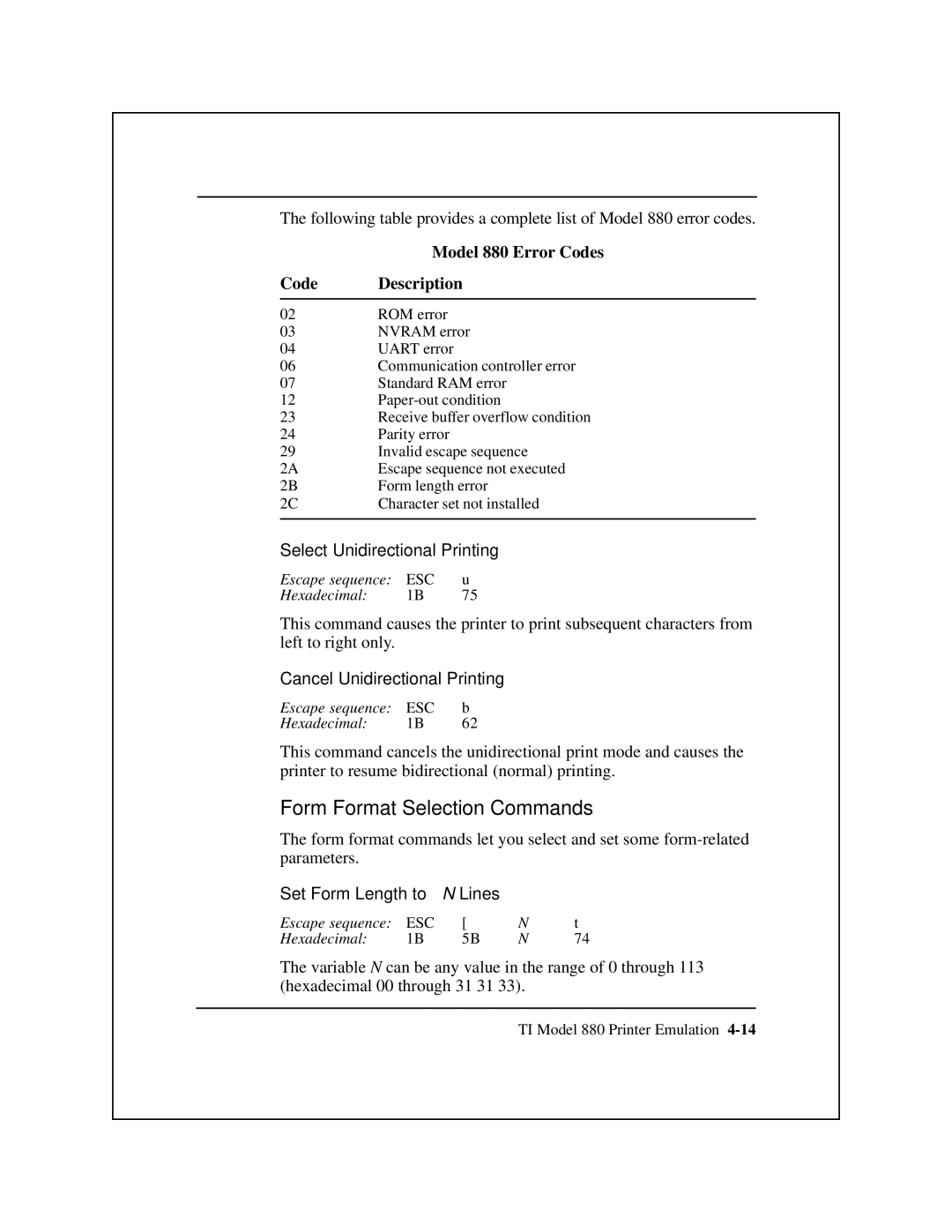 Epson 8900 Series manual Form Format Selection Commands, Model 880 Error Codes, Select Unidirectional Printing 