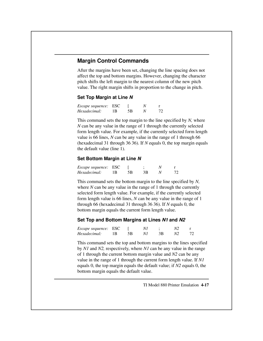 Epson 8900 Series manual Margin Control Commands, Set Top Margin at Line N, Set Bottom Margin at Line N 