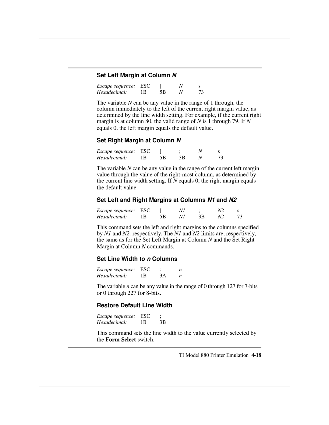 Epson 8900 Series manual Set Left Margin at Column N, Set Right Margin at Column N, Set Line Width to n Columns 