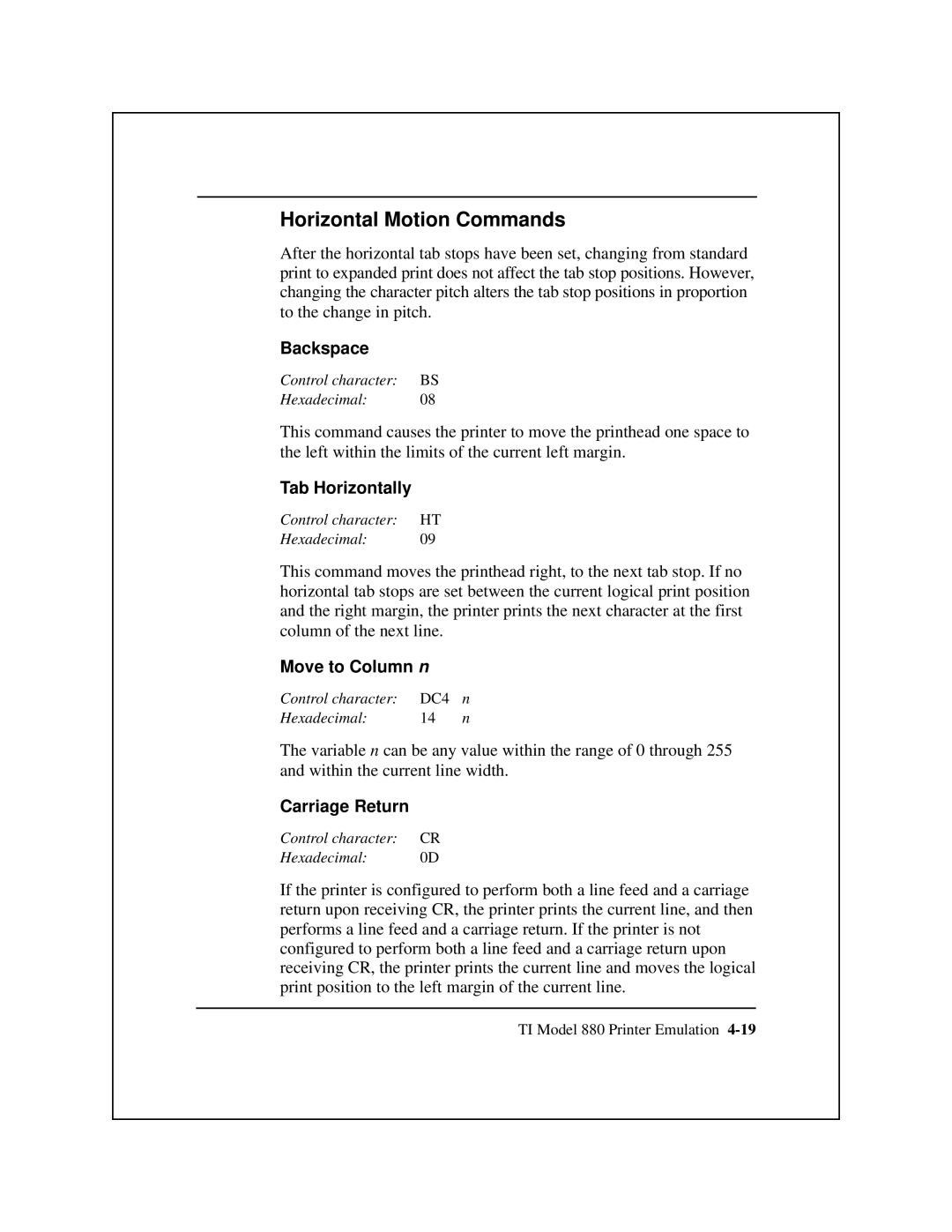 Epson 8900 Series manual Horizontal Motion Commands, Backspace, Tab Horizontally, Move to Column n, Carriage Return 