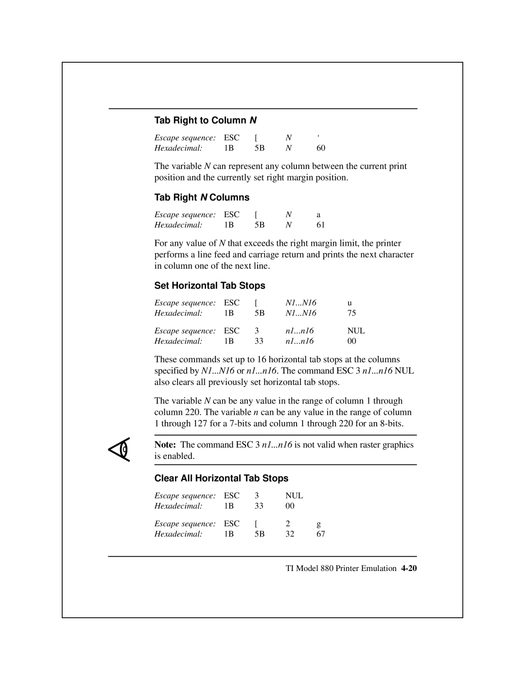 Epson 8900 Series Tab Right to Column N, Tab Right N Columns, Set Horizontal Tab Stops, Clear All Horizontal Tab Stops 