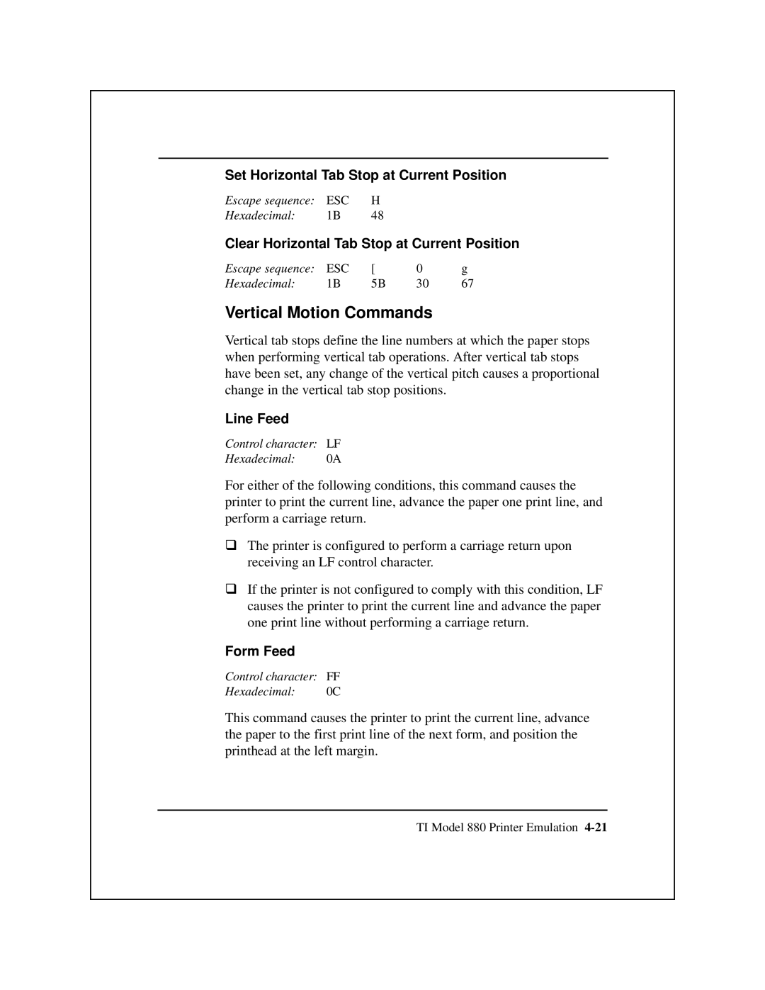 Epson 8900 Series manual Vertical Motion Commands, Set Horizontal Tab Stop at Current Position, Line Feed, Form Feed 