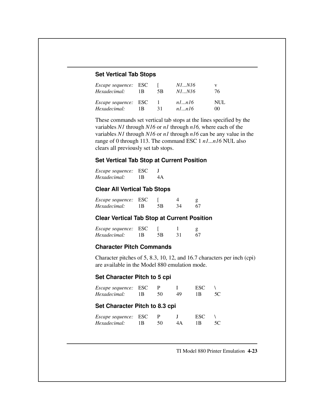 Epson 8900 Series manual Set Vertical Tab Stops, Set Vertical Tab Stop at Current Position, Clear All Vertical Tab Stops 