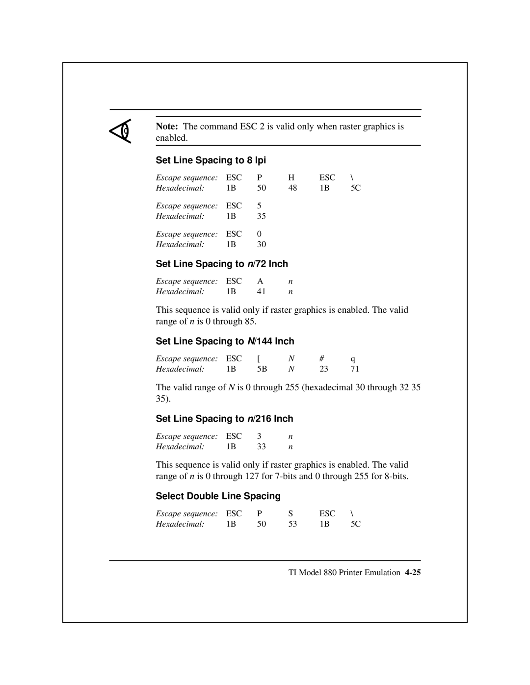 Epson 8900 Series manual Set Line Spacing to 8 lpi, Set Line Spacing to n/72 Inch, Set Line Spacing to N/144 Inch 