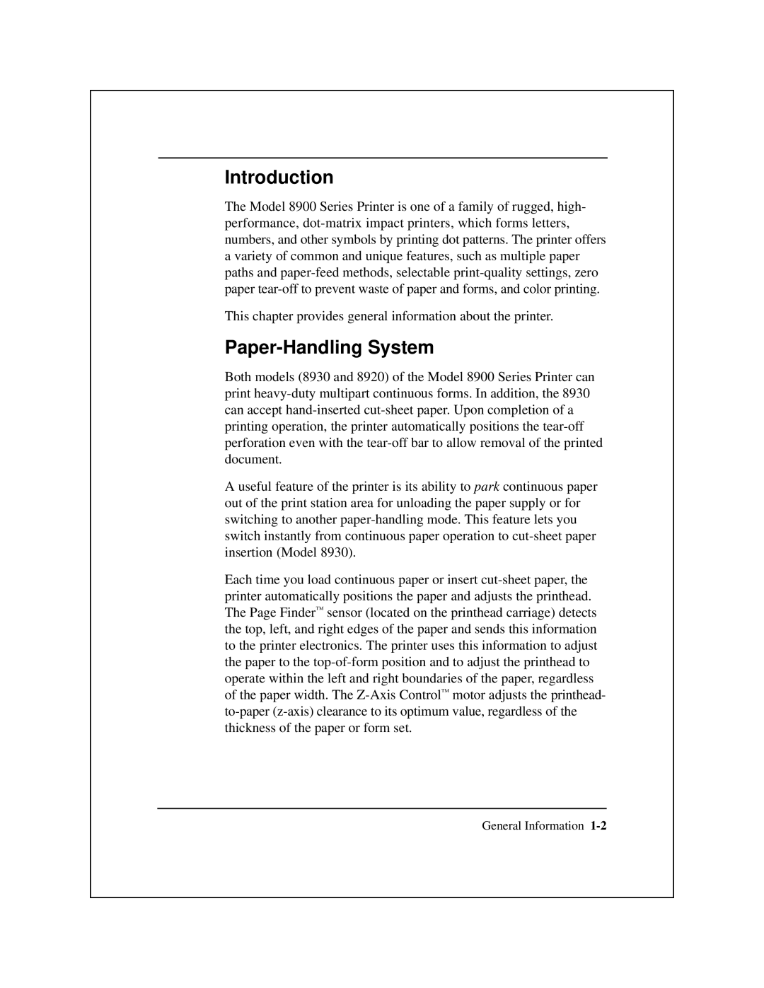 Epson 8900 Series manual Introduction, Paper-Handling System 