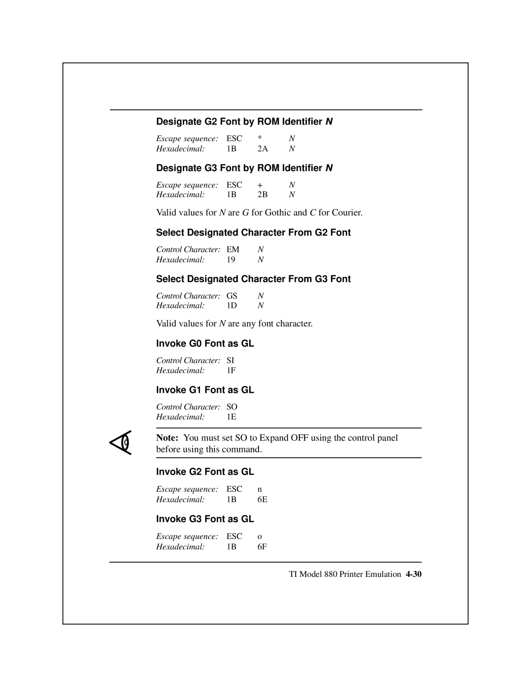 Epson 8900 Series manual Designate G2 Font by ROM Identifier N, Designate G3 Font by ROM Identifier N, Invoke G0 Font as GL 