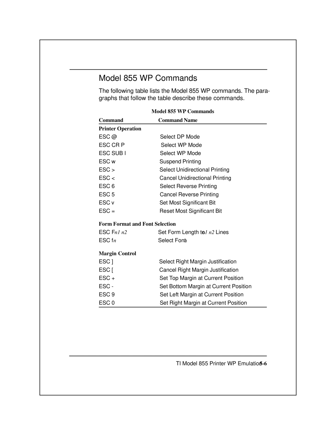 Epson 8900 Series manual Model 855 WP Commands, Form Format and Font Selection 