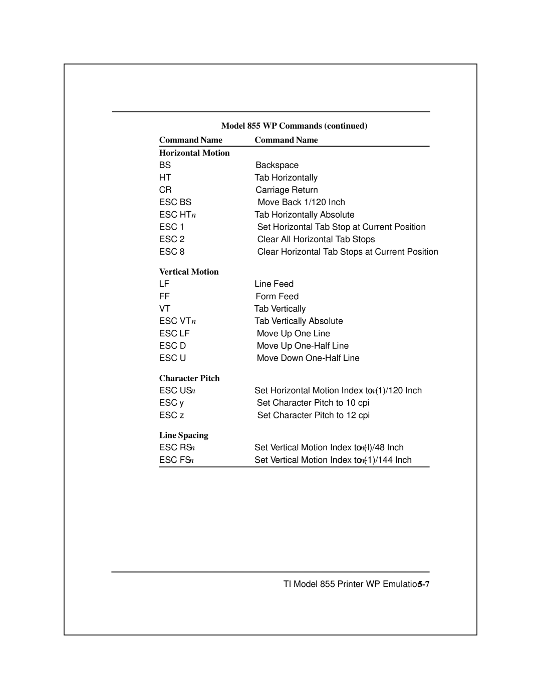 Epson 8900 Series manual Model 855 WP Commands Command Name Horizontal Motion, Vertical Motion 