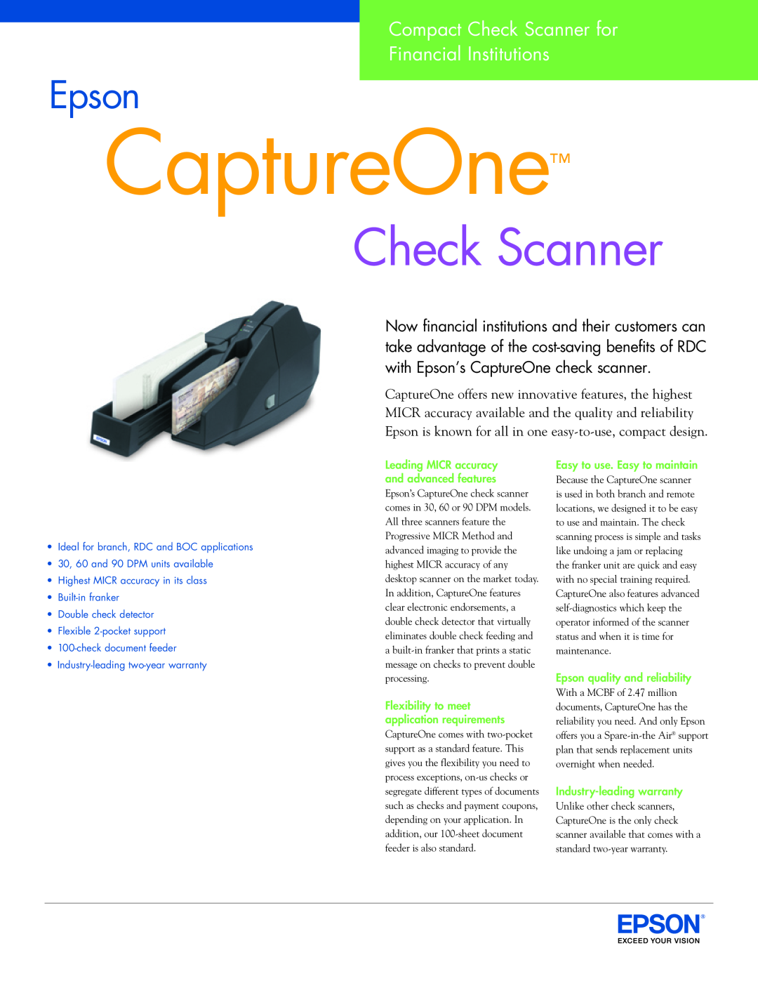 Epson 60DPM warranty CaptureOne, Epson, Compact Check Scanner for Financial Institutions, Industry-leading warranty 